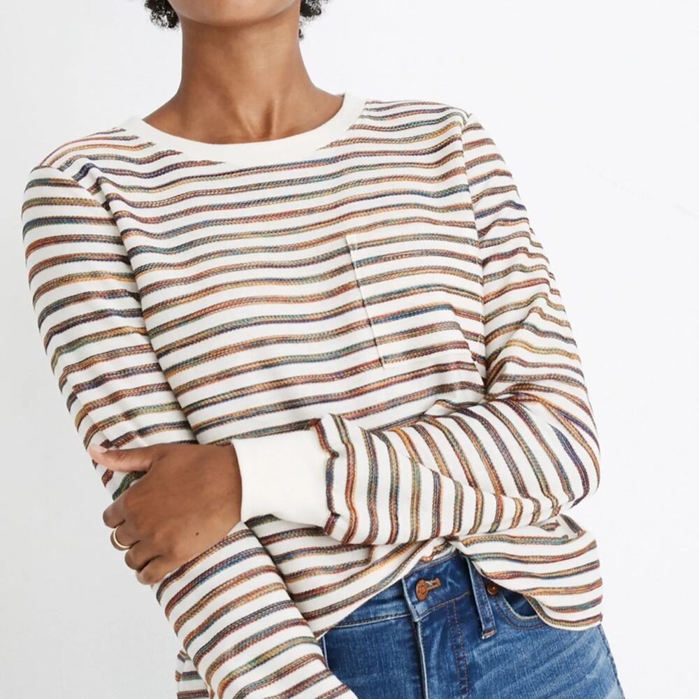 Madewell Long Sleeve Rainbow Stripe Top Tee Embroidered Boyfriend Fit Boxy Fall